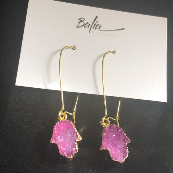 New Handmade Druzy Hamsa Hand Drop Earrings 💜 - Picture 9 of 10